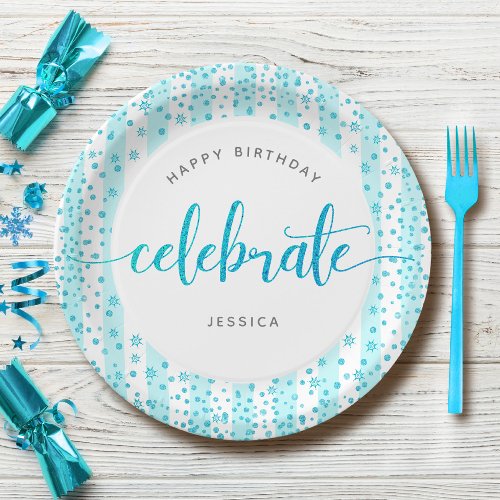 Birthday turquoise glitter modern script name chic paper plates