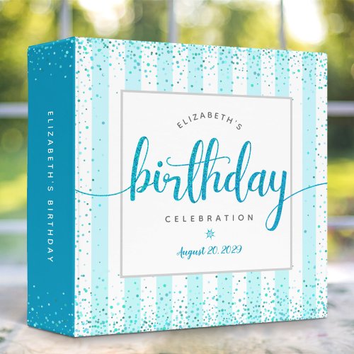 Birthday turquoise glitter script stripes keepsake 3 ring binder