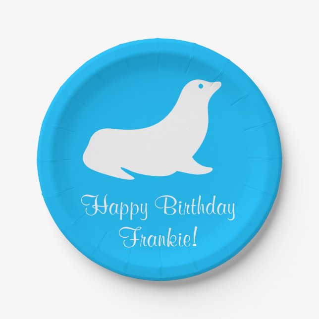 Birthday Turquoise Sea Lion 4Frankie (Name) Paper Plates (Front)