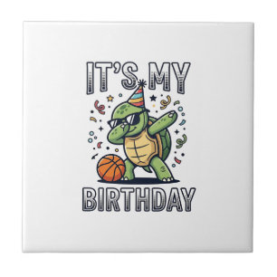 Birthday Turtle Basketball Party Vector Design_1 Ceramic Tile