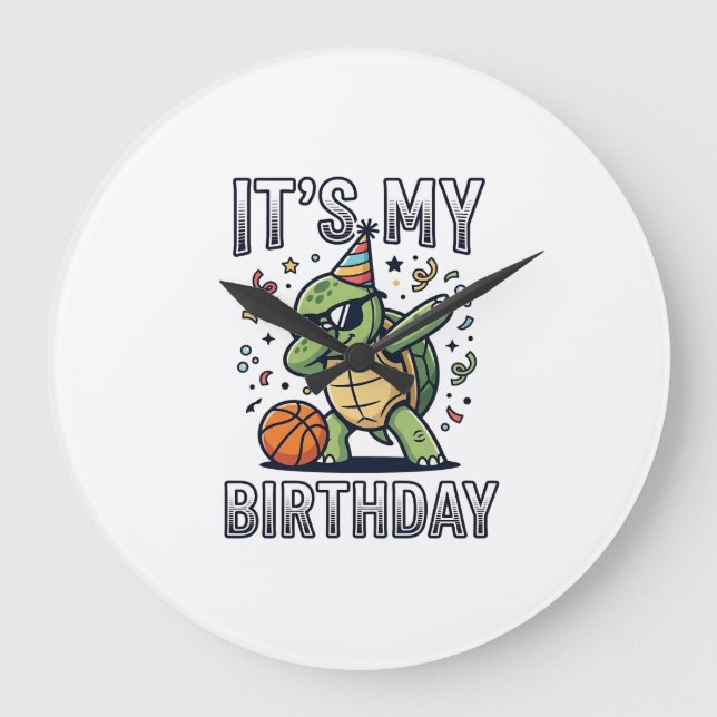 Birthday Turtle Basketball Party Vector Design_1 Large Clock (Front)