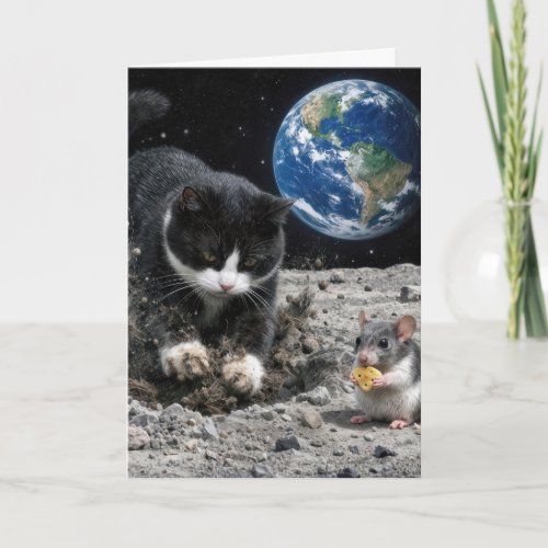 Birthday Tuxedo Cat Digging a Moon Crater Card