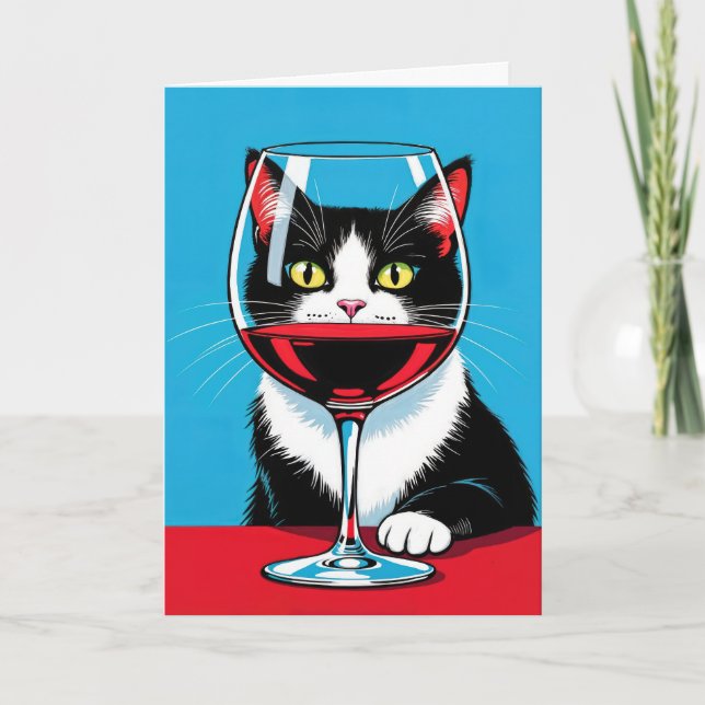 Birthday Tuxedo Cat Looking Through a Wine Glass Card (Front)
