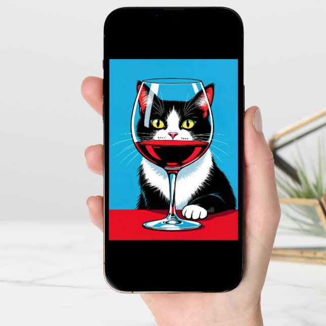 Birthday Tuxedo Cat Looking Through a Wine Glass Card (Front Digital)