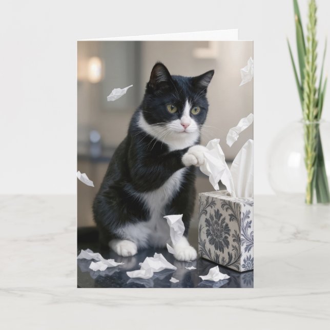 Birthday Tuxedo Cat Playing with a Tissue Box Card (Front)