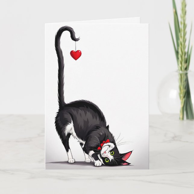 Birthday Tuxedo Cat With Dangling Heart Card (Front)