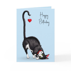 Birthday Tuxedo Cat With Dangling Red Heart  Card