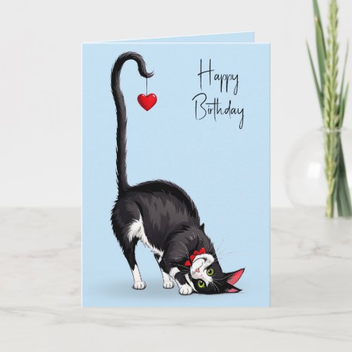 Birthday Tuxedo Cat With Dangling Red Heart Card