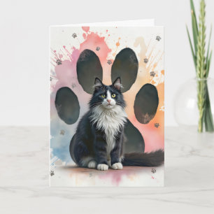 Birthday Tuxedo Cat with Paw Prints Card