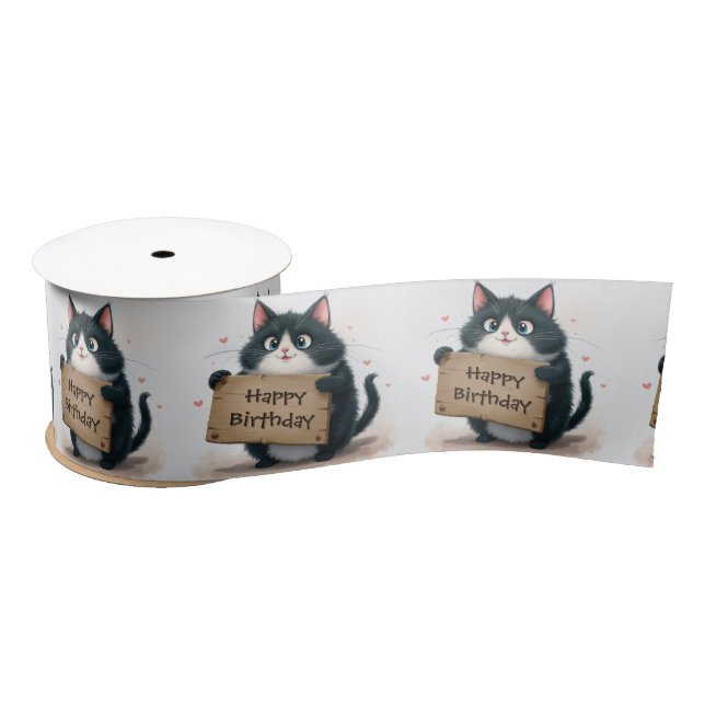 Birthday Tuxedo Cat With Pink Hearts Satin Ribbon (Spool)