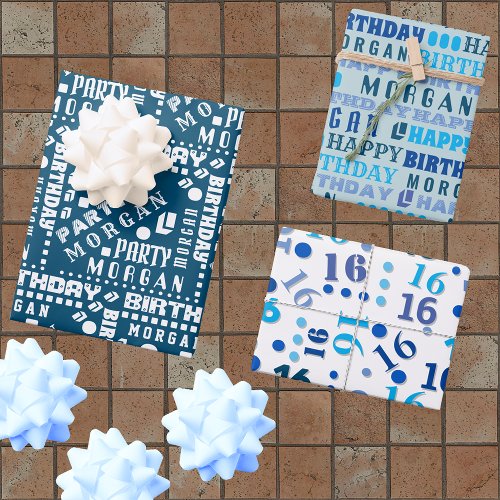 Birthday Typography Blue Any Age Add Kids Name Wrapping Paper Sheets