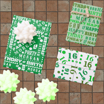 Birthday Typography Green Any Age Add Kids Name Wrapping Paper Sheets by ArtfulDesignsByVikki at Zazzle