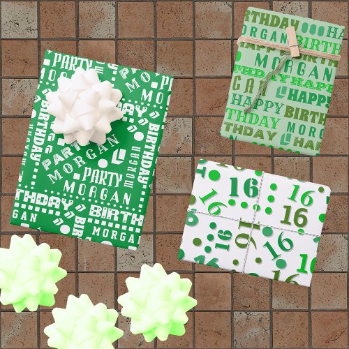 Birthday Typography Green Any Age Add Kids Name Wrapping Paper Sheets