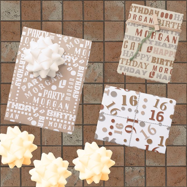 Birthday Typography Neutral Any Age Add Kids Name Wrapping Paper Sheets (Creator Uploaded)