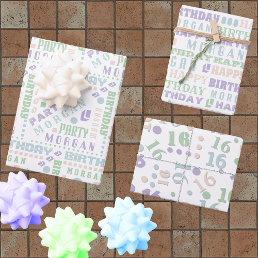 Birthday Typography Pastel Any Age Add Kids Name Wrapping Paper Sheets