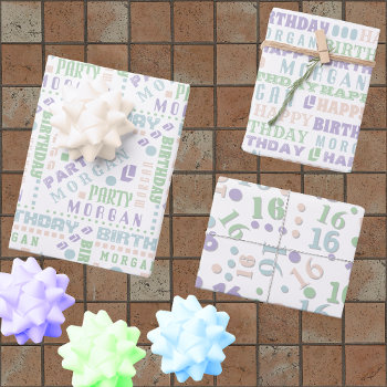 Birthday Typography Pastel Any Age Add Kids Name Wrapping Paper Sheets by ArtfulDesignsByVikki at Zazzle