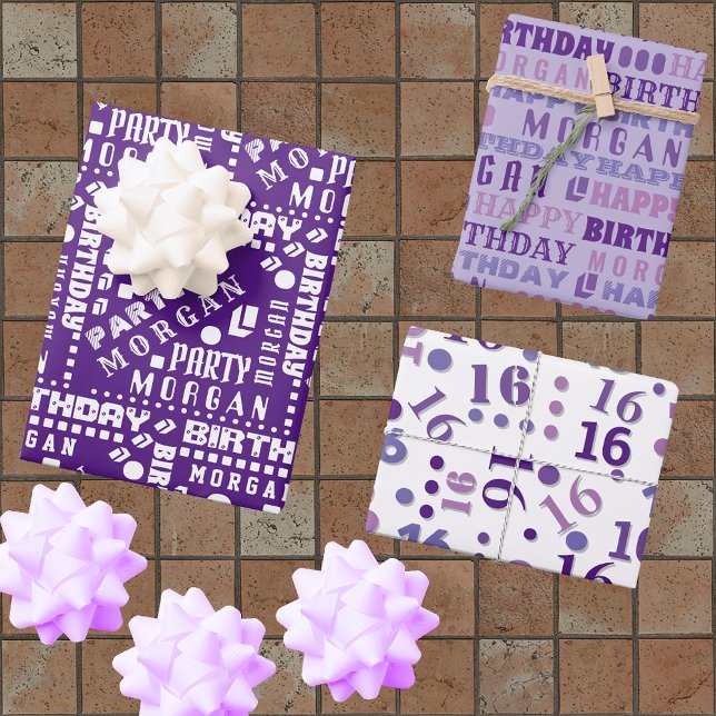 Birthday Typography Purple Any Age Add Kids Name Wrapping Paper Sheets (Creator Uploaded)