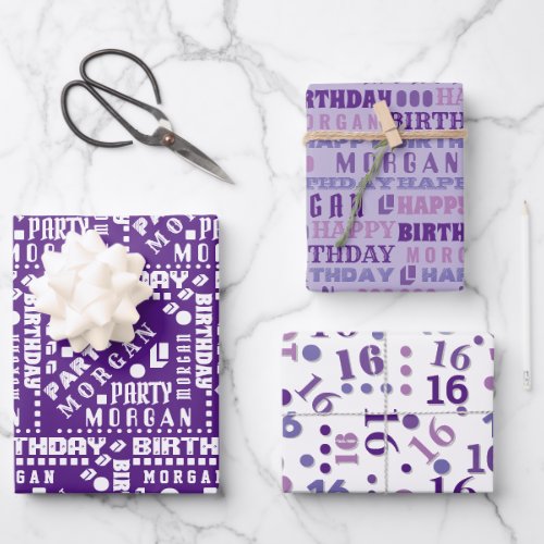 Birthday Typography Purple Any Age Add Kids Name Wrapping Paper Sheets