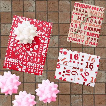 Birthday Typography Red Any Age Add Kids Name Wrapping Paper Sheets by ArtfulDesignsByVikki at Zazzle