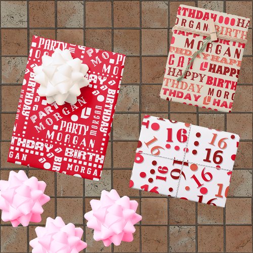 Birthday Typography Red Any Age Add Kids Name Wrapping Paper Sheets