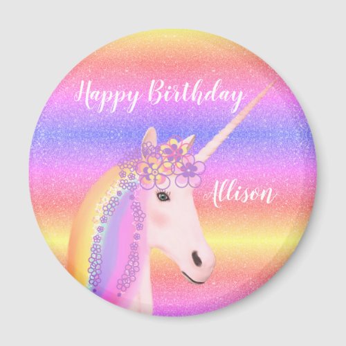 Birthday Unicorn Pastel Rainbow Glitter Name Magnet