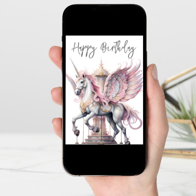 Birthday Unicorn Pegasus Carousel Horse Pink Card (Front Digital)