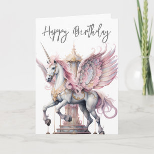 Birthday Unicorn Pegasus Carousel Horse Pink Card