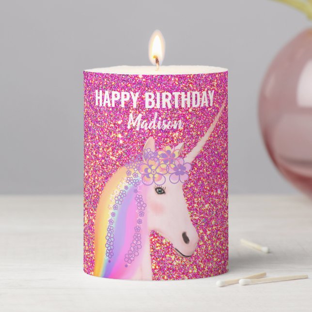 Birthday Unicorn Pink Glitter Girls Personalized Pillar Candle (In Situ)