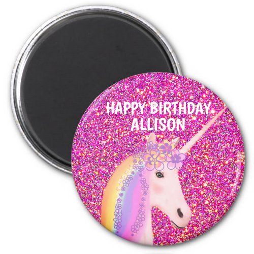 Birthday Unicorn Pink Glitter Sparkle Personalized Magnet