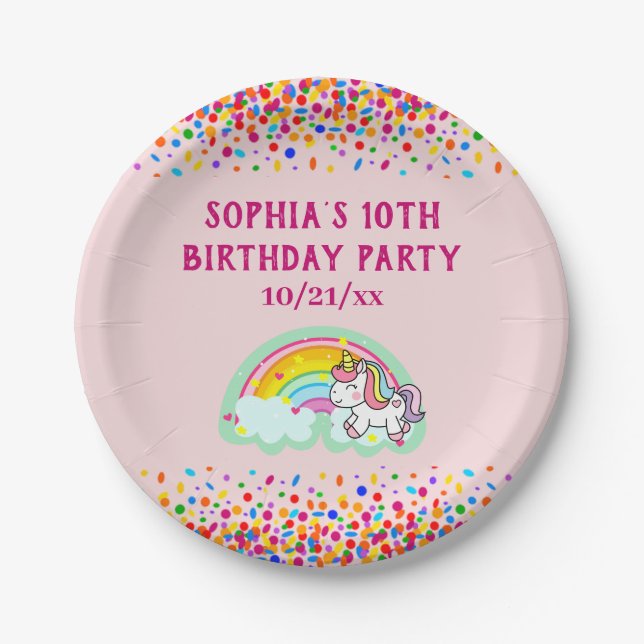 Birthday Unicorn Rainbow Confetti Pink Paper Plates (Front)