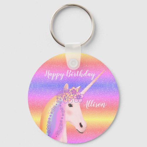 Birthday Unicorn Rainbow Glitter Personalized Keychain