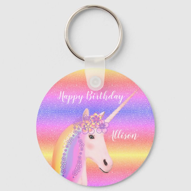 Birthday Unicorn Rainbow Glitter Personalized Keychain (Front)