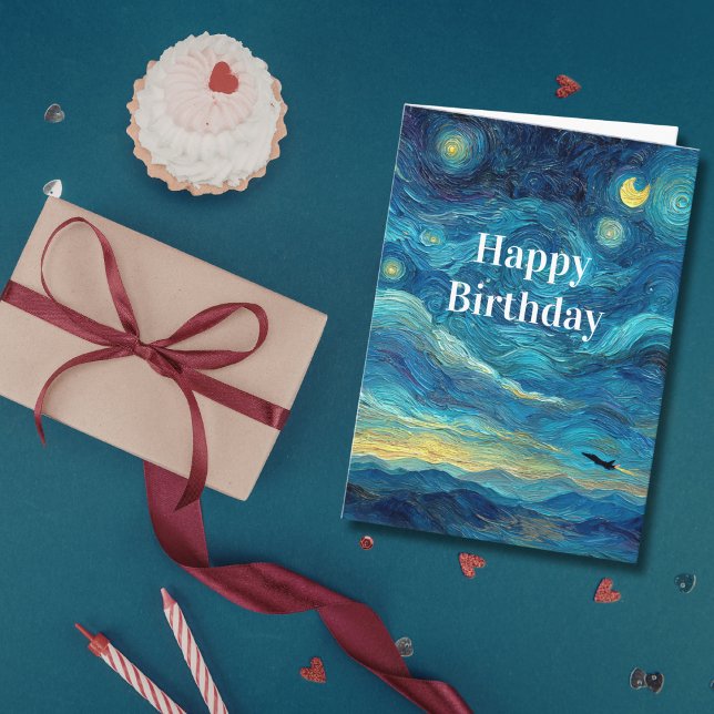 Birthday Van Gogh Jet Airplane Blue Clouds Fun Card (Creator Uploaded)