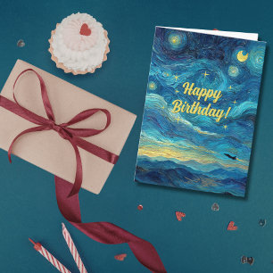Birthday Van Gogh Jet Airplane Blue Clouds Fun Card