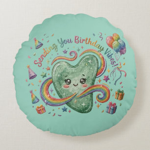 Birthday Vibes Cute Heart Rainbow Round Pillow