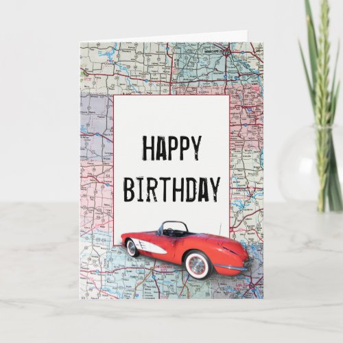 Birthday Vintage Corvette on Road Map Card