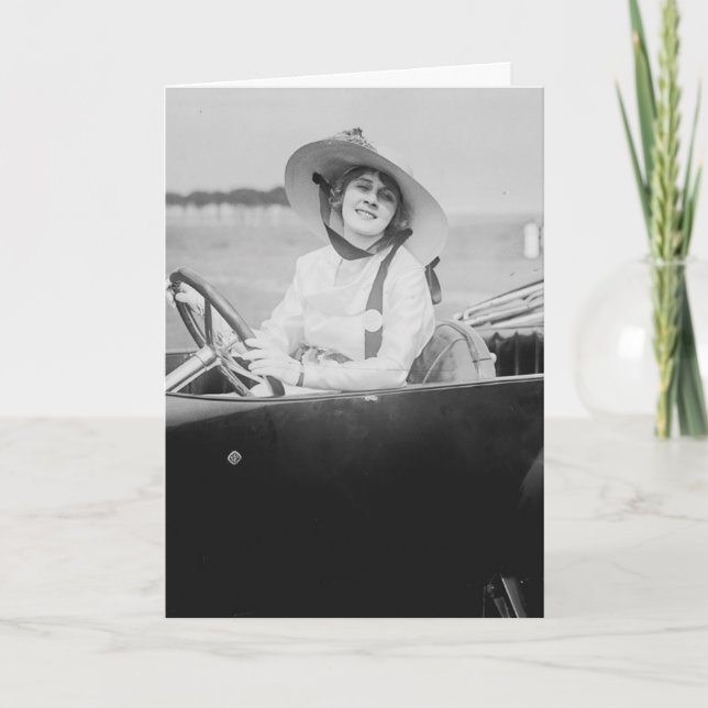 BIRTHDAY VINTAGE GIRL IN CAR ADVENTURE BIG CARD (Front)