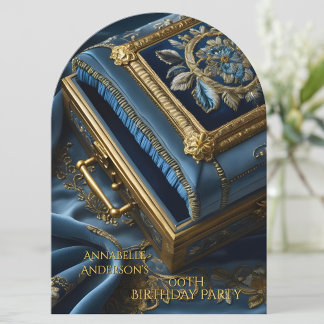 Birthday Vintage Gold Blue Jewel Box Invitation