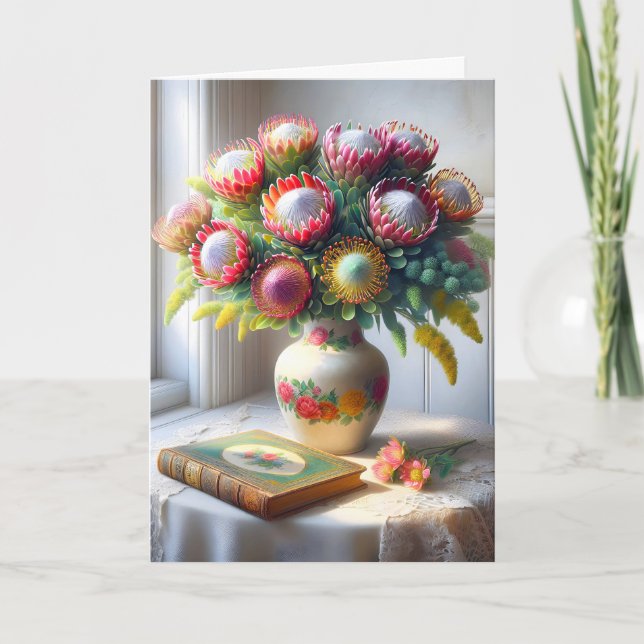 Birthday Vintage Pincushion Protea Bouquet Card (Front)