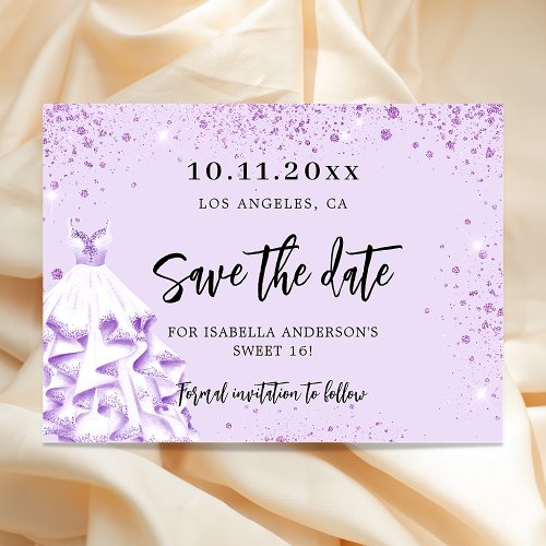 Birthday violet dress party save the date card