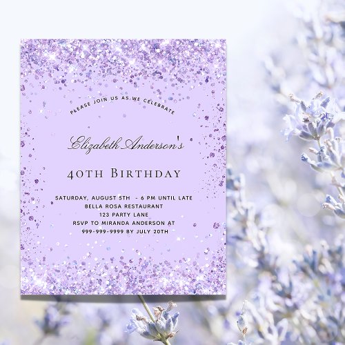 Birthday violet glitter script budget invitation flyer