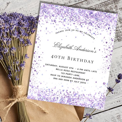 Birthday violet glitter script budget invitation flyer