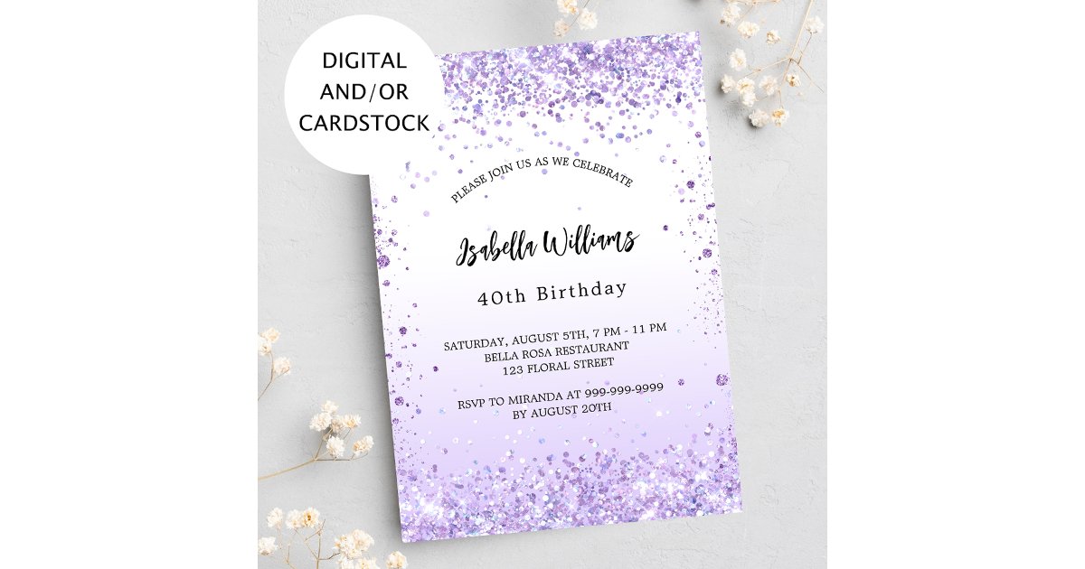 Birthday violet lavender confetti script invitation | Zazzle