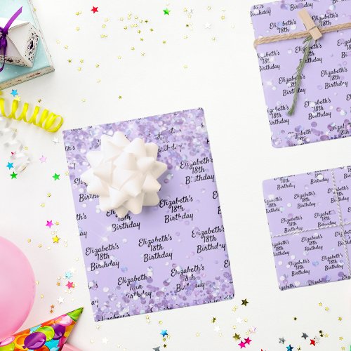 Birthday violet lavender glitter dust name wrapping paper sheets
