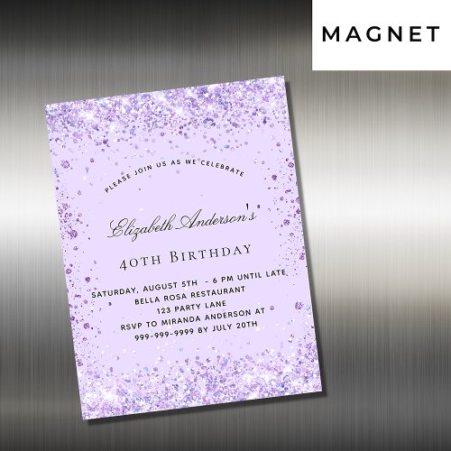 Birthday violet lavender glitter invitation magnet