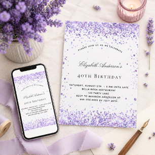 Birthday violet lavender glitter script elegant invitation
