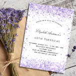 Birthday violet lavender glitter script elegant invitation<br><div class="desc">For an elegant 40th (or any age) birthday party. A chic white background on the front. Decorated with violet faux glitter.  Personalize and add a name and party details. The name is written with a hand lettered style script
Back: violet background.</div>