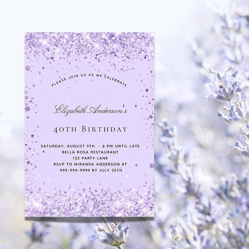 Birthday violet lavender glitter script elegant invitation