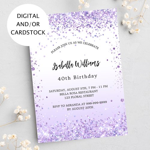 Birthday violet lavender sparkles script invitation