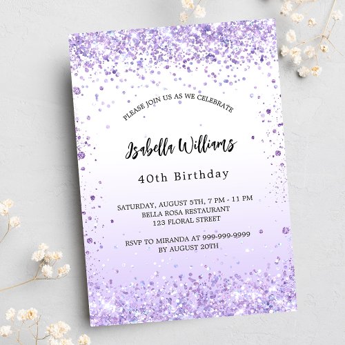 Birthday violet lavender sparkles script luxury invitation